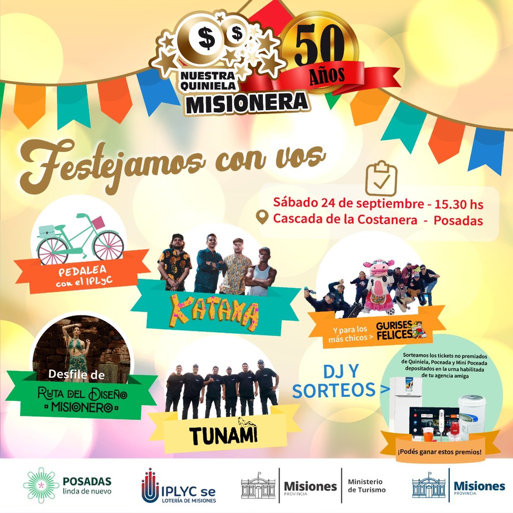 24 de septiembre desde las 15.30 horas en la cascada de la Costanera, actividades por los 50 años de la Quiniela Misionera