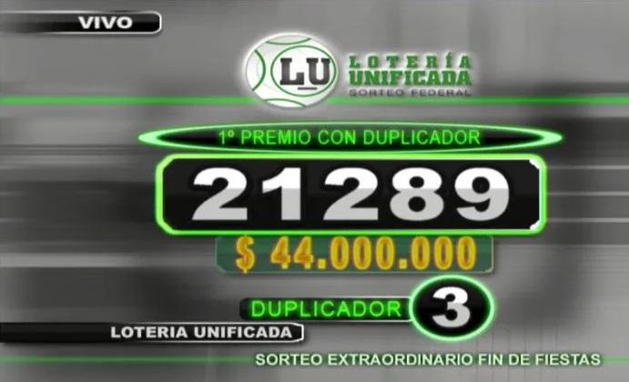 captura de pantalla del sorteo con el número favorecido y el premio de 44 millones