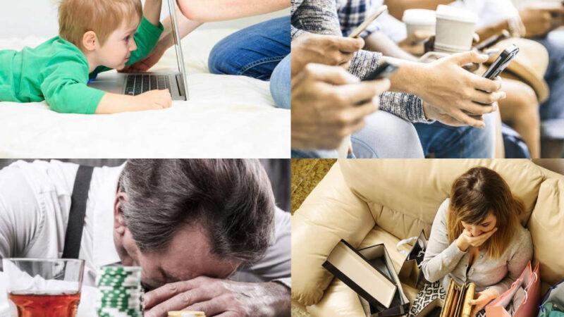 imágenes ejemplo de adicciones conductuales: pantallas, celular, juego y compras