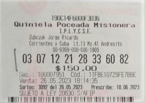 ticket de la Poceada con la jugada ganadora.