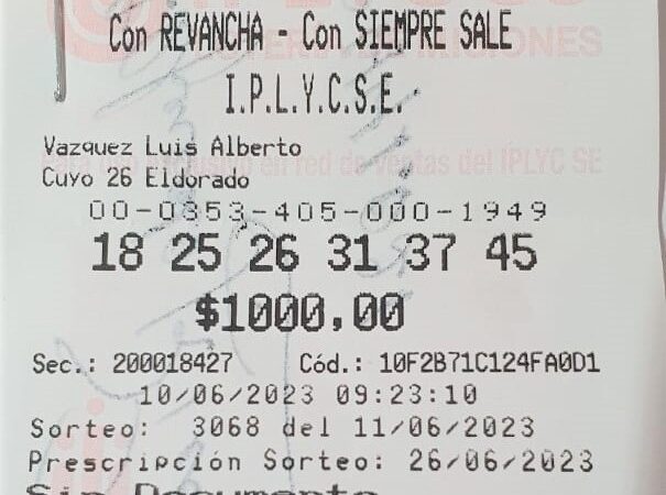 Ticket de la jugada ganadora de los 71 millones del Quini 6, realizada por un jubilado de Eldorado.
