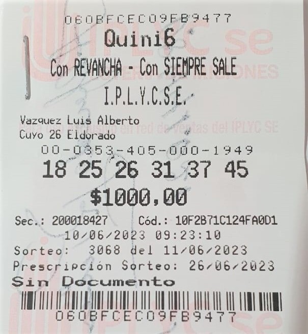 Ticket de la jugada ganadora de los 71 millones del Quini 6, realizada por un jubilado de Eldorado.