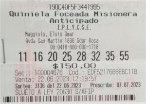 Ticket de la jugada ganadora del pozo de la Poceada, del apostador de Gobernador Roca, que ahora podrá tener su casa propia.
