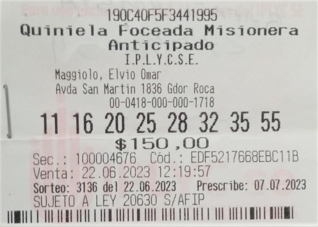 Ticket de la jugada ganadora del pozo de la Poceada, del apostador de Gobernador Roca, que ahora podrá tener su casa propia.