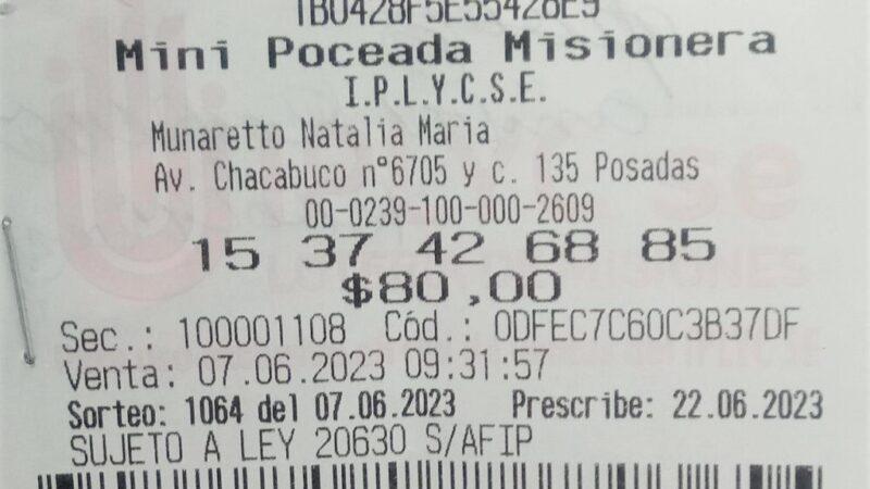 Foto del ticket de apuesta de Mini Poceada, ganador del primer premio.