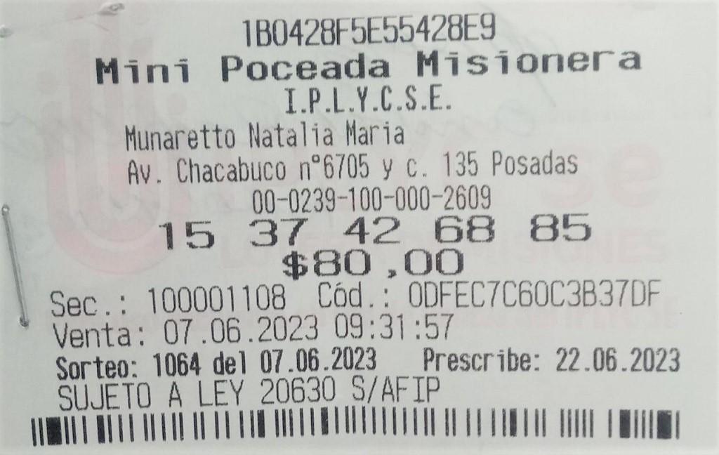 Foto del ticket de apuesta de Mini Poceada, ganador del primer premio.