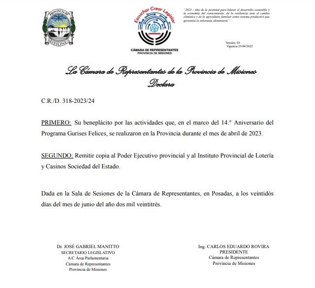 Captura de pantalla del texto de la Cámara de Representantes de la Provincia que declara su beneplácito por los 14 años del programa Gurises Felices.