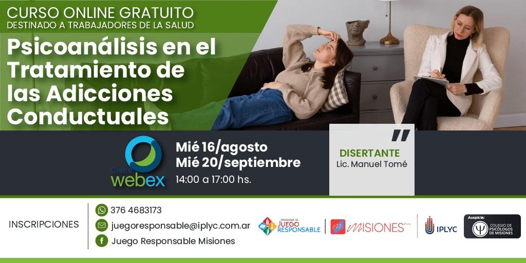 Curso online gratuito: "Psicoanálisis en el tratamiento de las adicciones conductuales". Para trabajadores de la salud. 16 de agosto y 20 de septiembre. Organiza Juego Responsable.