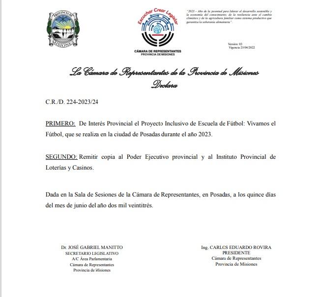 Captura de pantalla del texto de la Cámara de Representantes de la Provincia que declara de interés provincial el programa Vivamos Fútbol.