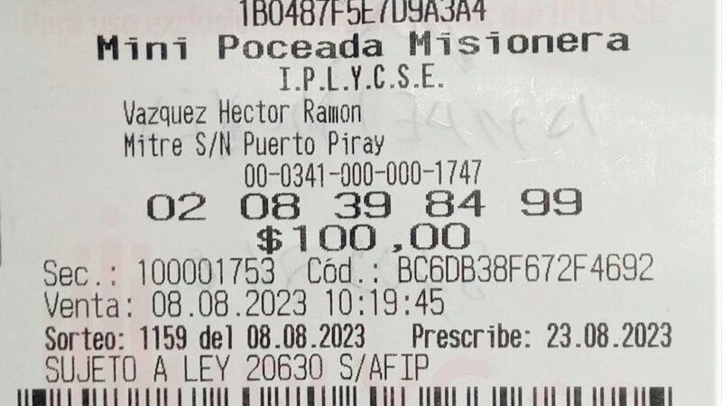 Ticket con la apuesta ganadora del pozo de la Mini Poceada. Con este premio el afortunado apostador pagará gastos y festejará en familia.