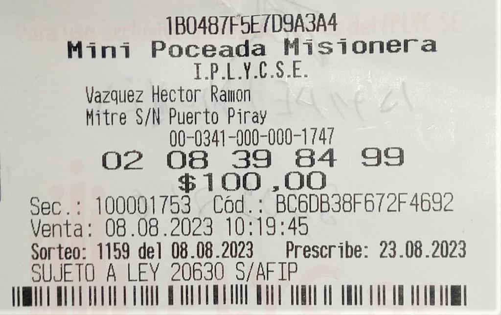 Ticket con la apuesta ganadora del pozo de la Mini Poceada. Con este premio el afortunado apostador pagará gastos y festejará en familia.