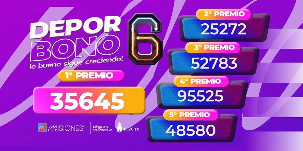 Primer premio del Deporbono 6: 35645, segundo: 25272, tercero: 52783, cuarto: 95525 y quinto: 48580.