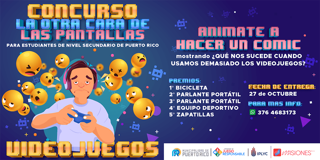 Afiche del concurso sobre videojuegos "La otra cara de las pantallas: videojuegos".