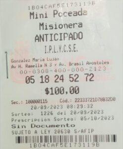 Ticket del primer premio de la Mini Poceada de 2.765.245 pesos. Con el dinero adelantará cuotas del auto.
