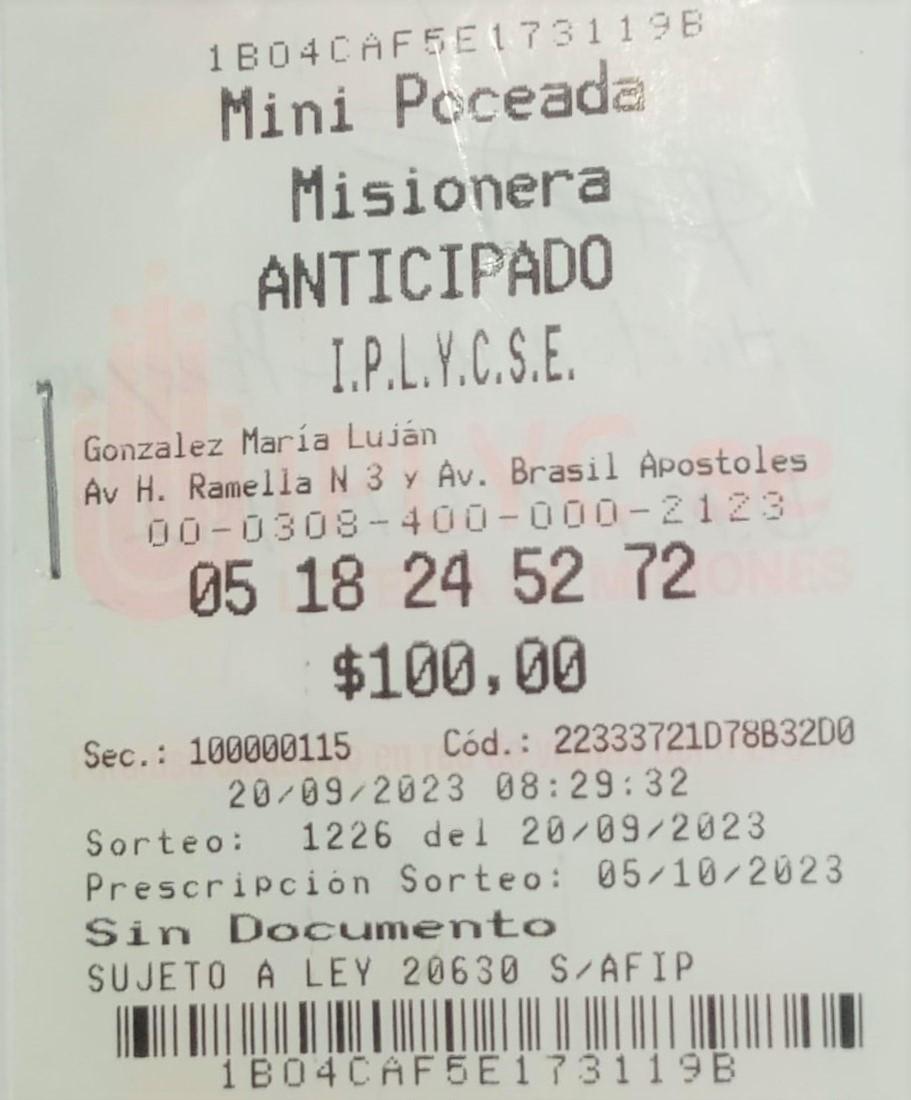 Ticket del primer premio de la Mini Poceada de 2.765.245 pesos. Con el dinero adelantará cuotas del auto.