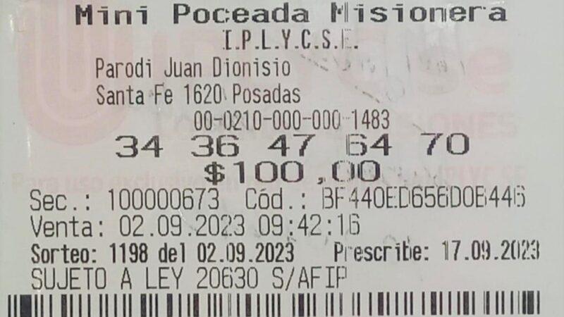 Ticket ganador del primer premio de la Mini Poceada de 3.619.604 pesos.