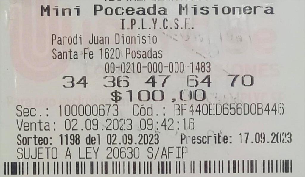 Ticket ganador del primer premio de la Mini Poceada de 3.619.604 pesos.