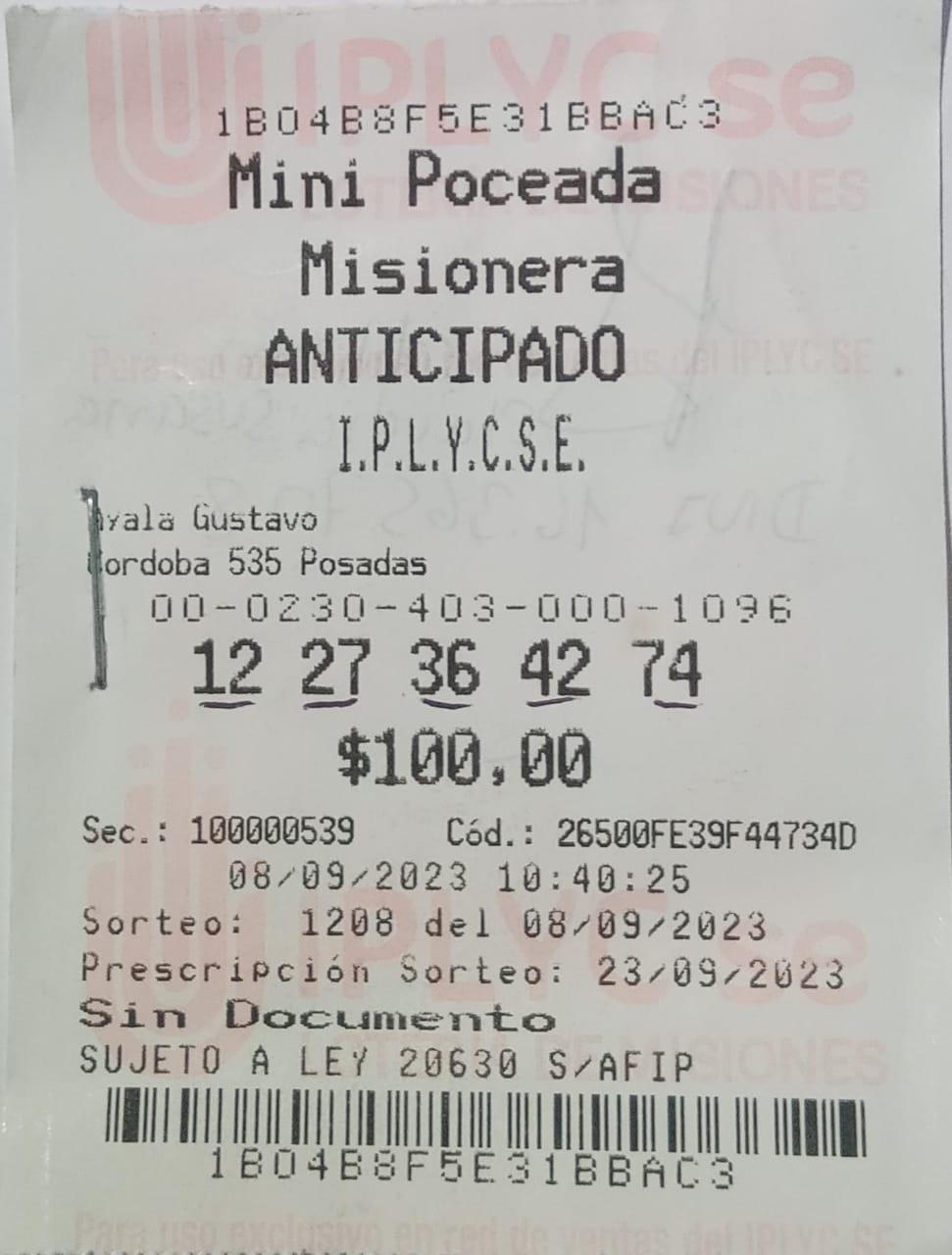 Ticket ganador de la Mini Poceada del pozo de 2.407696 pesos.