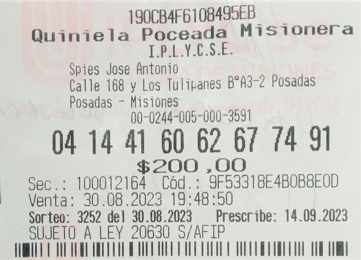 Ticket ganador del premio de la Poceada, de 17.793.728 pesos.