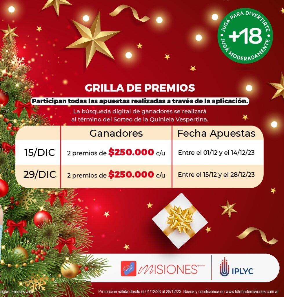 Promoción cierre de año de QuinApp, grilla de premios.