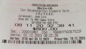 Ticket de la jugada que ganó 150 millones con el Quini 6.
