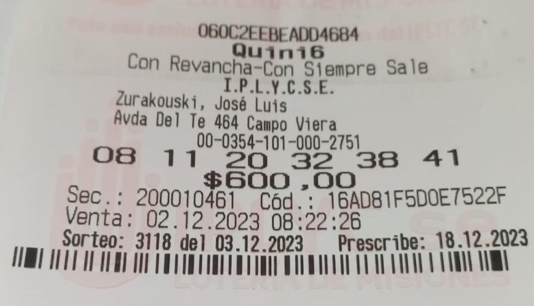 Ticket de la jugada que ganó 150 millones con el Quini 6.