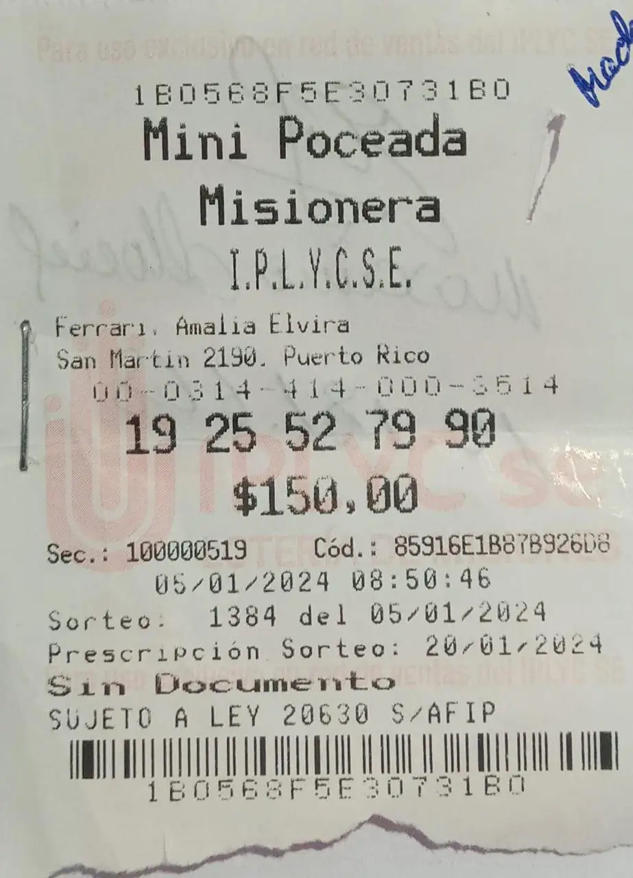 Ticket premiado con los 12.062.546 de pesos de la Mini Poceada. El ganador comprará un terreno para cada uno de sus tres hijos.