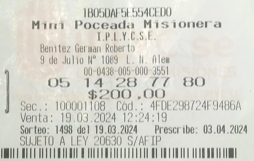 Ticket ganador de la Mini Poceada. Con el premio, el apostador, terminará su casa.