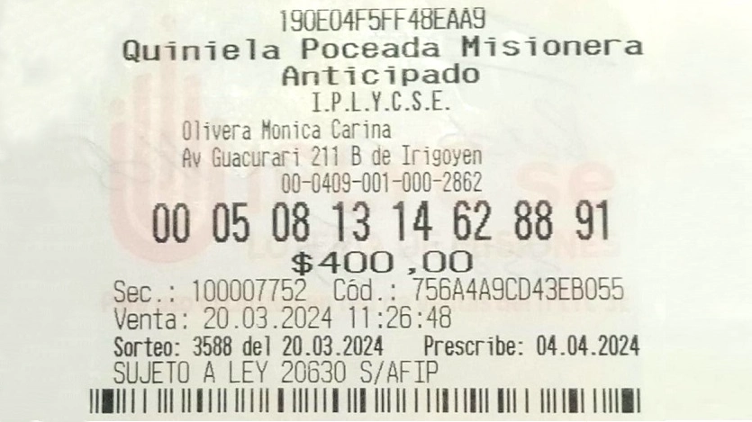 Ticket ganador del pozo histórico de la Poceada Misionera.