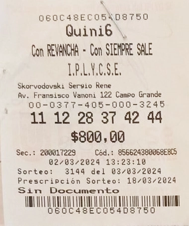 Ticket con la apuesta que ganó más de nueve millones del Quini 6.