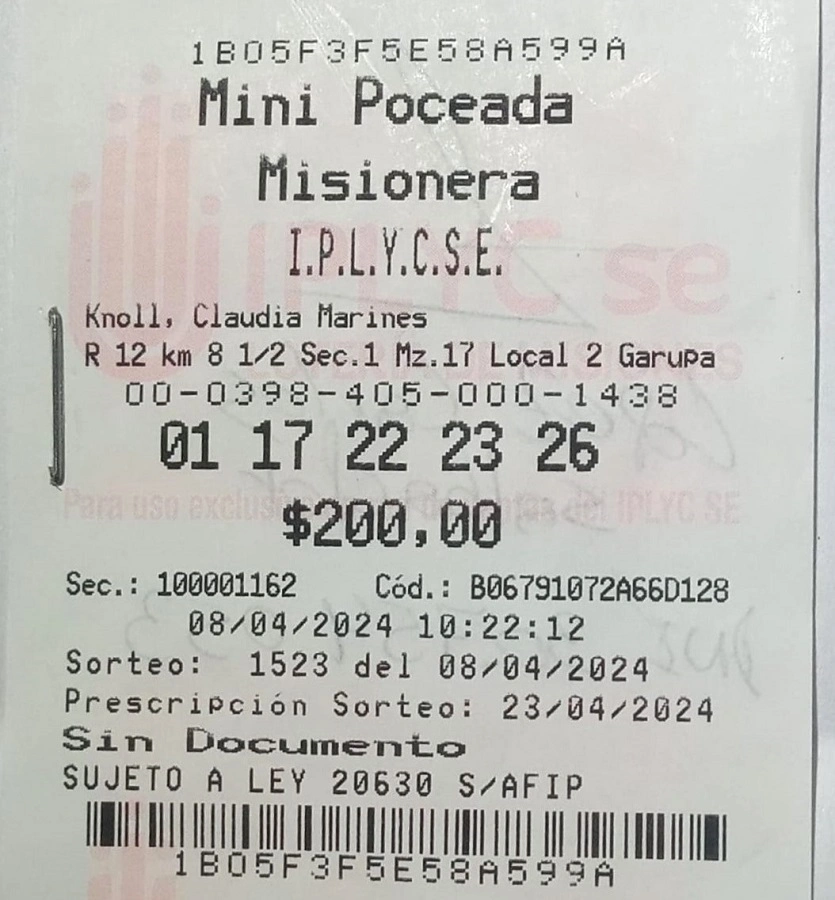 Ticket ganador de la Mini Poceada. El premio será para su abuelo.