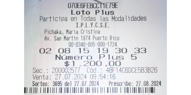 Tícket con la apuesta de la ganadora del Loto Plus.