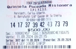 Ticket con la apuesta ganadora de la Poceada Misionera.
