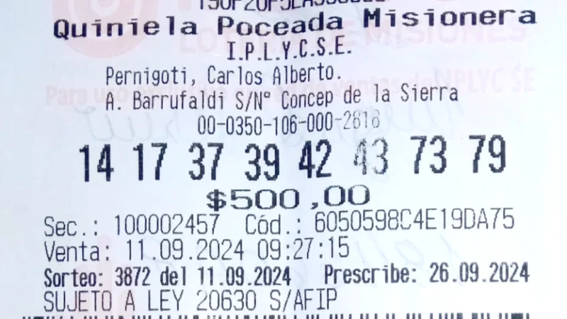 Ticket con la apuesta ganadora de la Poceada Misionera.