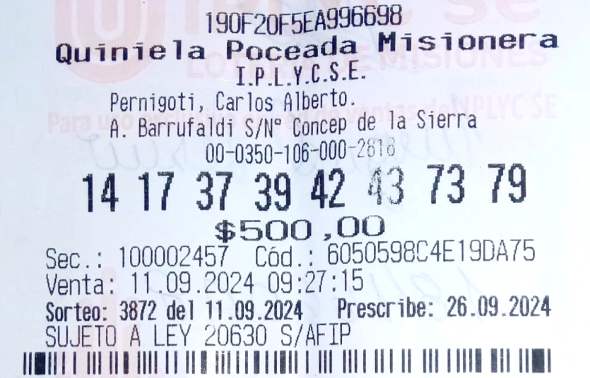 Ticket con la apuesta ganadora de la Poceada Misionera.