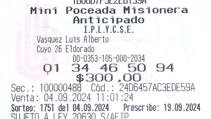 Ticket con la jugada ganadora de la Mini Poceada.