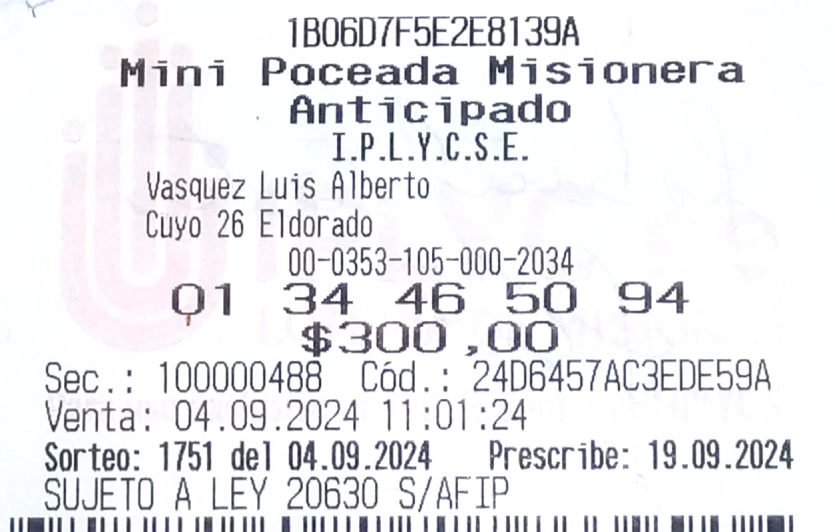 Ticket con la jugada ganadora de la Mini Poceada.