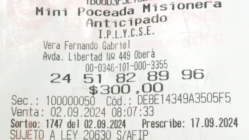 Ticket con la jugada del premio de la Mini Poceada-