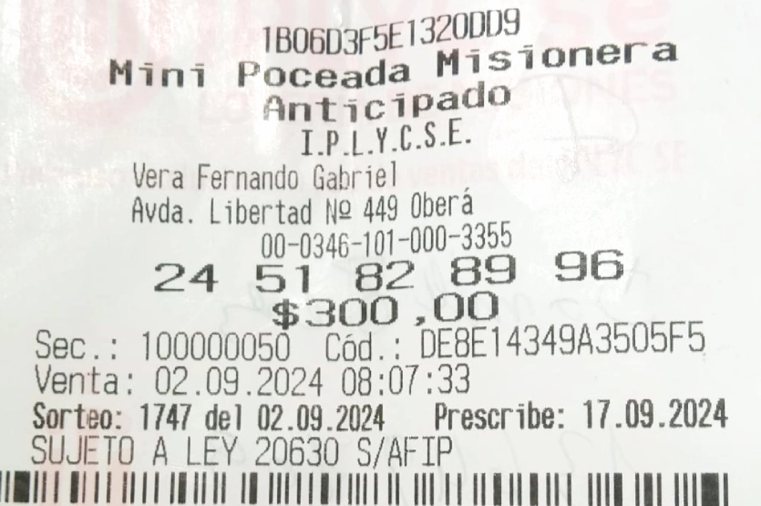 Ticket con la jugada del premio de la Mini Poceada-