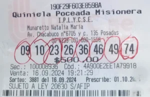 Ticket con la jugada ganadora de La Poceada Misionera