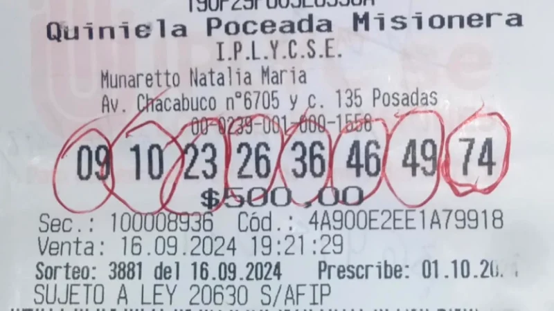 Ticket con la jugada ganadora de La Poceada Misionera