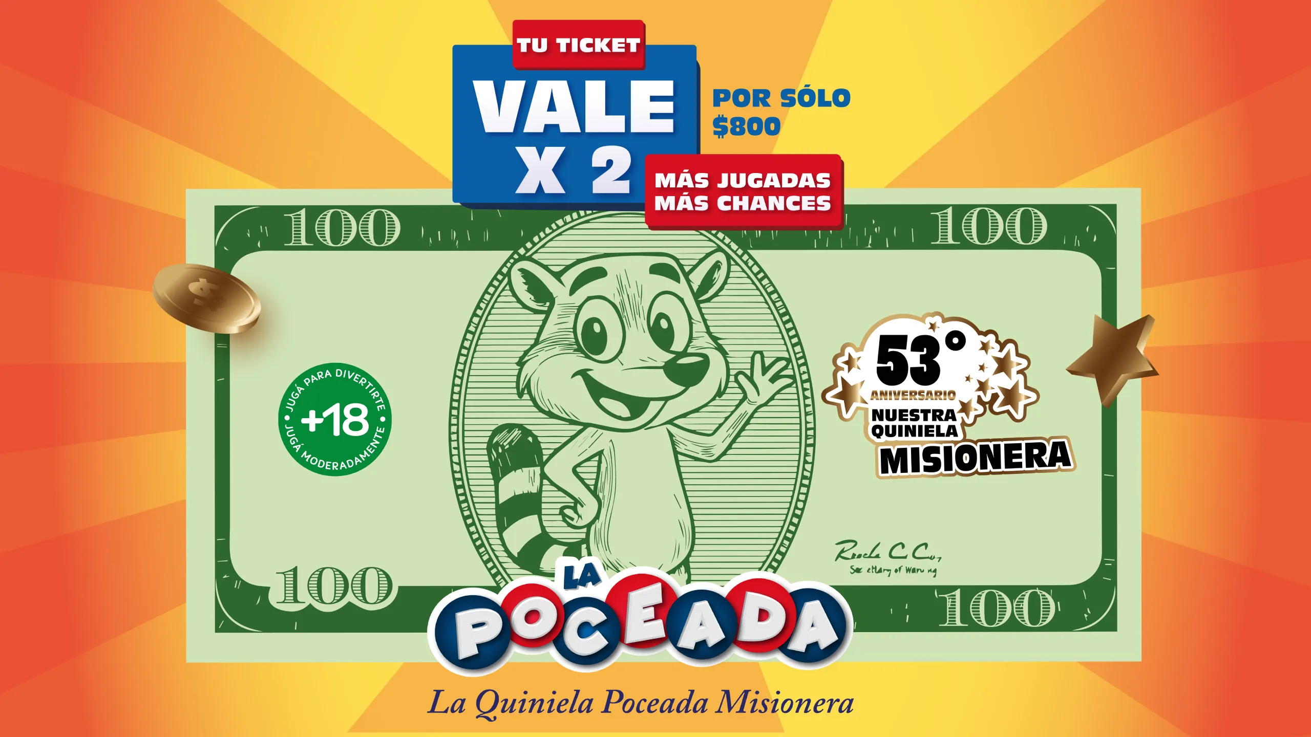 Sorteos Extraordinarios de la Poceada con premios en dólares. Vale x2 por 100 mil y 10 mil dólares.