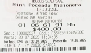 Ticket ganador de la Mini Poceada Misionera de 25.136.284 pesos.