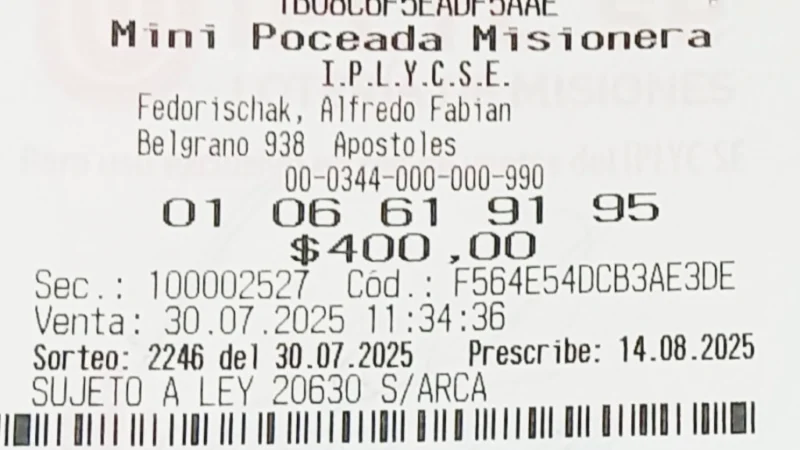 Ticket ganador de la Mini Poceada Misionera de 25.136.284 pesos.
