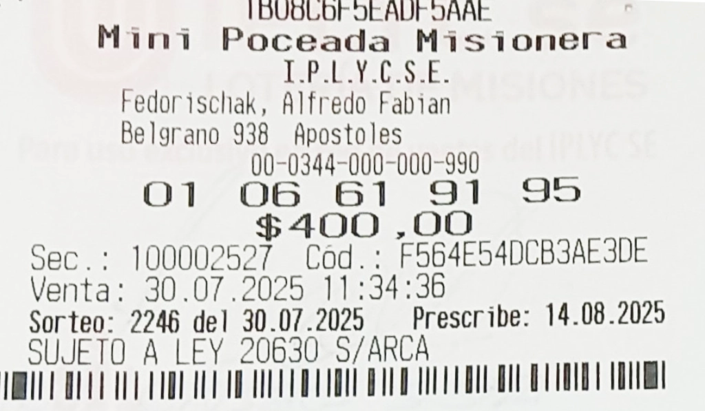 Ticket ganador de la Mini Poceada Misionera de 25.136.284 pesos.