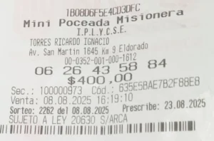 Ticket con la jugada ganadora del primer premio de la Mini Poceada.