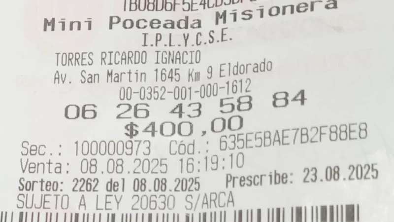 Ticket con la jugada ganadora del primer premio de la Mini Poceada.