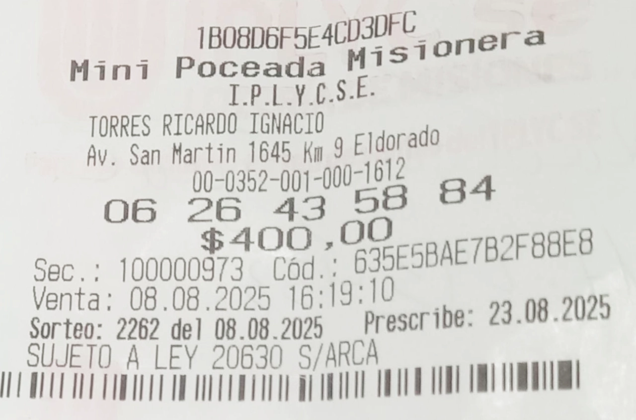 Ticket con la jugada ganadora del primer premio de la Mini Poceada.