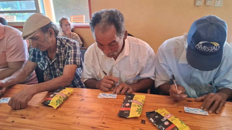 Grupo de abuelos de Pueblo Illia rellenan sus cartones del Bingo del Mateando durante el sorteo.