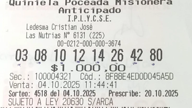 Ticket con apuesta ganadora de la Poceada. El premio será para concretar proyectos, dijo el ganador.
